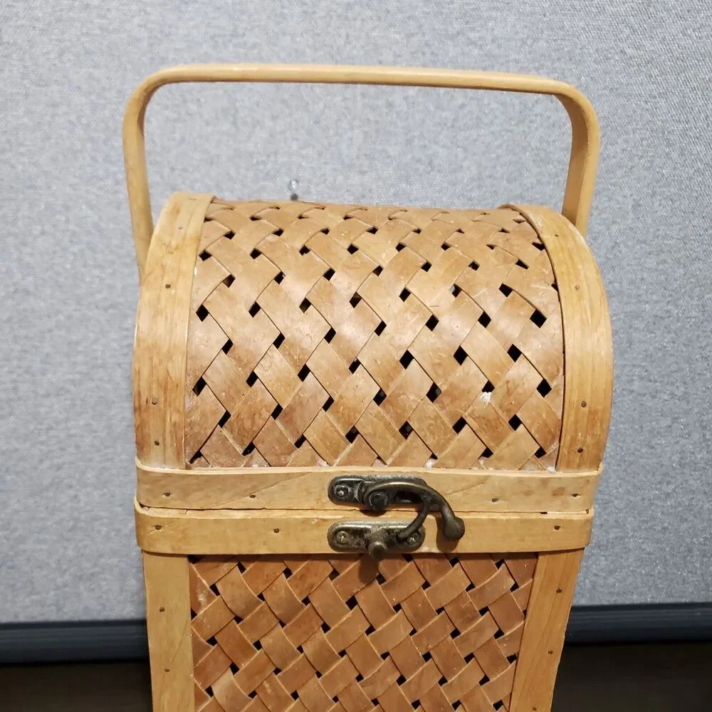 Wicker Weaved Tan  Wine Carrier / Storage Basket with Holder & Latch